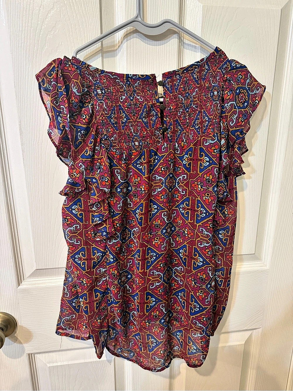 Meadow Rue Geometric Ruffle Sleeve Blouse in Red & Purple